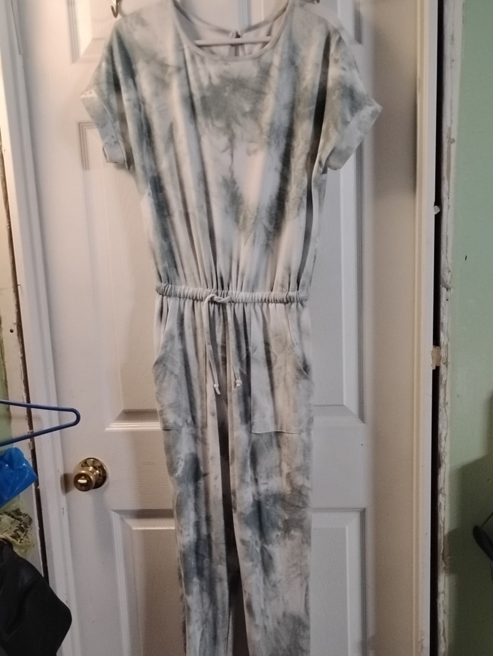 Tie-Dye Short Sleeve Jumpsuit in Light Green and White